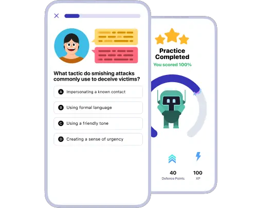 A screenshot of Prventi's fun gamified cybersecurity awareness training app with bite-sized training